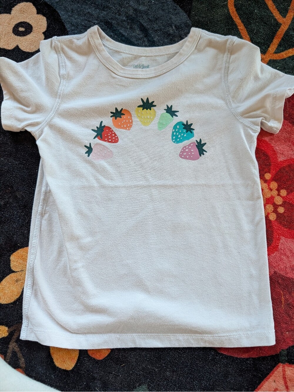 Cat & Jack Girls' White Short Sleeve T-Shirt with Rainbow Strawberries Graphic